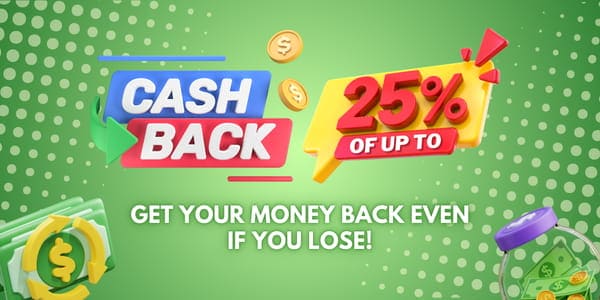 Promotional artwork with coins and game characters behind a call to action